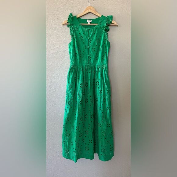J Crew Eyelet Shirtdress Kelly Green Vintage Style A Line Midi Dress Size 00 - Picture 5 of 12